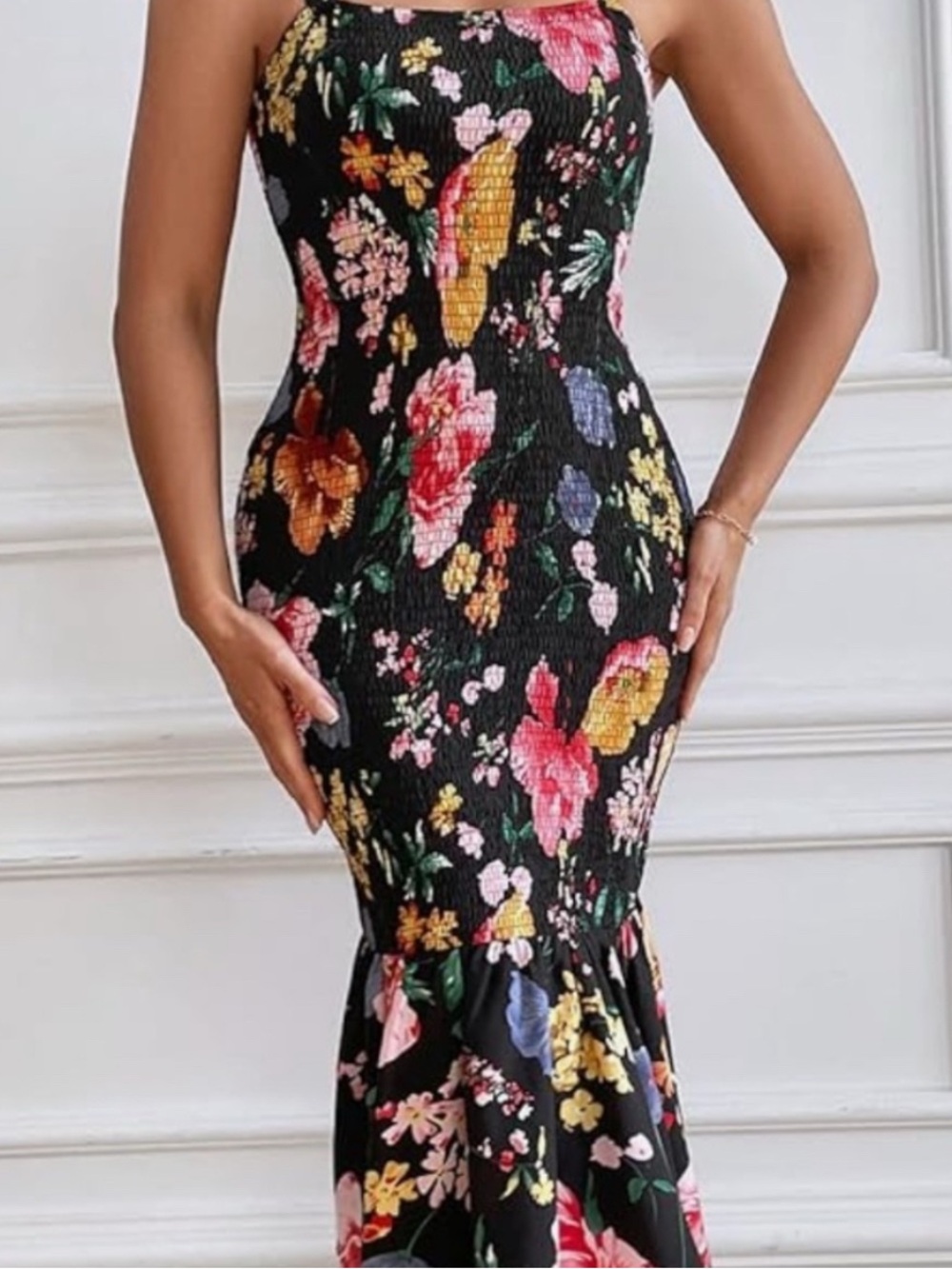 Pretty Garden NWT Body Con Dress Smocked Floral Black Mermaid Size XL